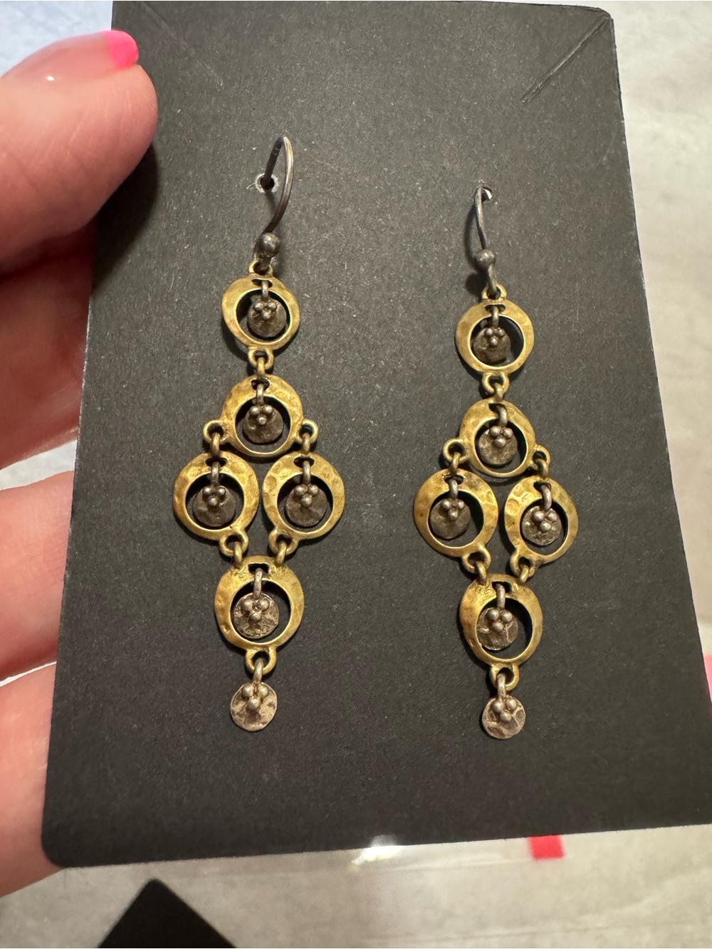 Silpada Vintage Brass & Sterling Silver Hammered Tiered Chandelier Earrings